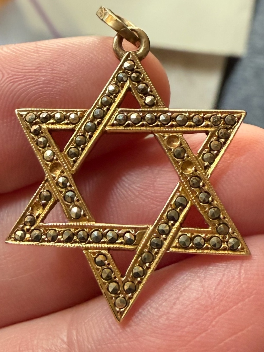 14k Gold Star of David Pendant with Marcasite Accents